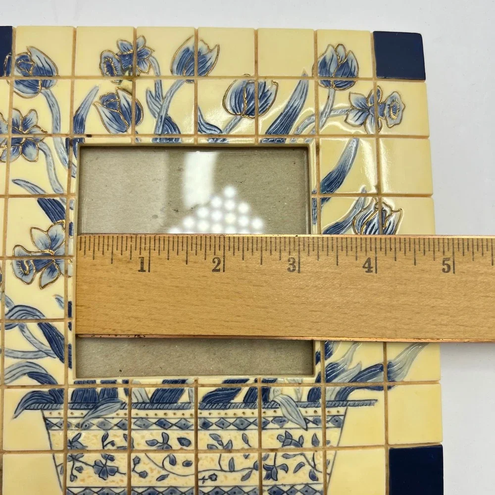 Vintage Mosaic Tile Frame 3.5x3.5 Cream Blue Chinoiserie Resin Floral Decor